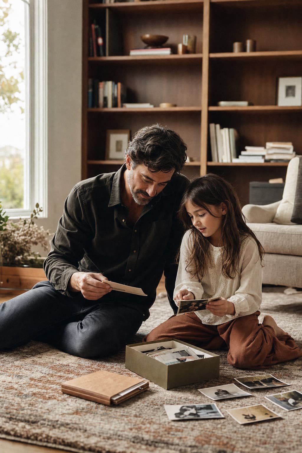 A father and daughter looking through family photographs together