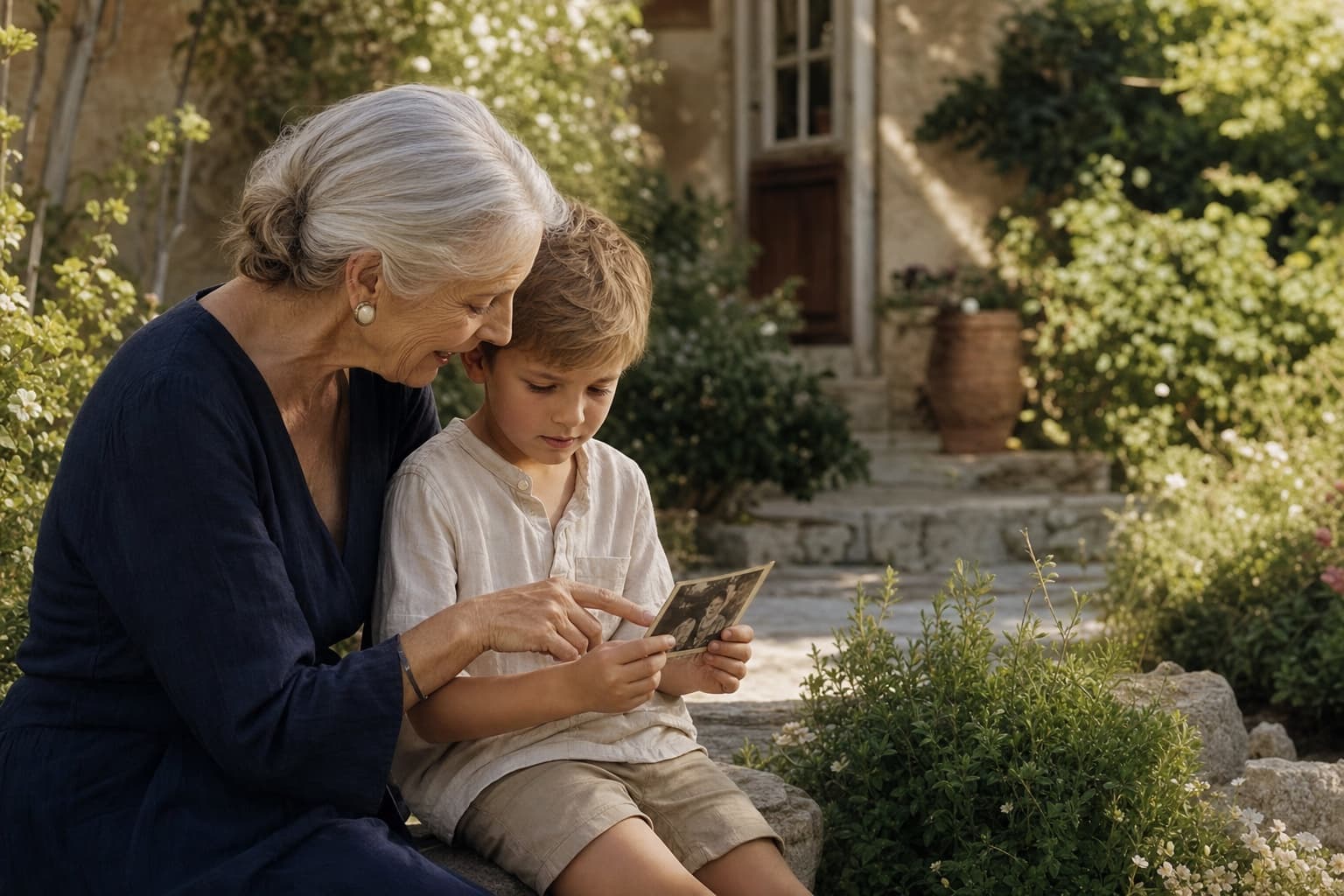 A grandmother sharing an old family photograph with her grandson in a garden