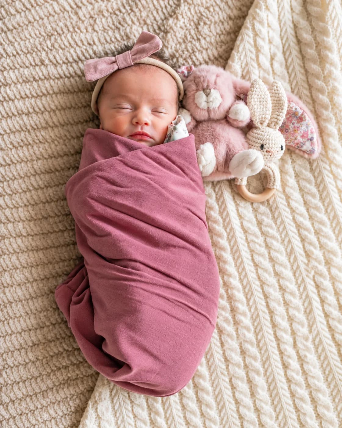 Eliana wrapped in rose beside two little bunnies